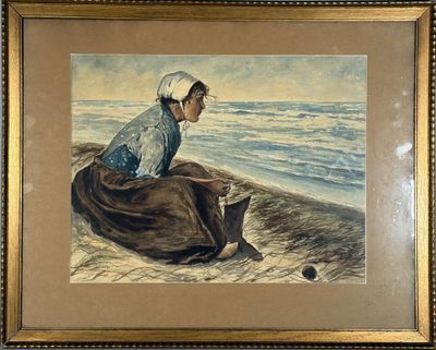 tableau représentant une femme assise sur une plage à côté d'un chat