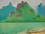 une peinture à l'huile représentant un bateau au bord d'un lac, avec des montagnes en arrière-plan