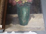 a painting of flowers in a green vase on a table