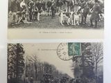 two black and white photos of a group of people and horses