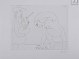 drawing of a man and a woman with a guitar and a dog