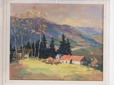 an oil painting of a house on a hill with trees and mountains in the background