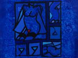 un tableau représentant une femme assise sur le rebord d'une fenêtre