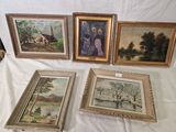quatre tableaux encadrés représentant une scène de vie à la ferme et une maison sur une colline