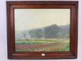 an image of a painting of a field with trees in the background