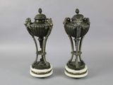 pair of antique bronze and marble vases on pedestals