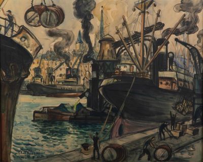 a painting of a harbor scene with boats and people