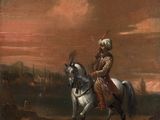 an old painting of a man riding a horse in a landscape