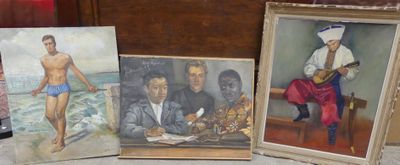 three paintings of a man and a woman sitting on a bench