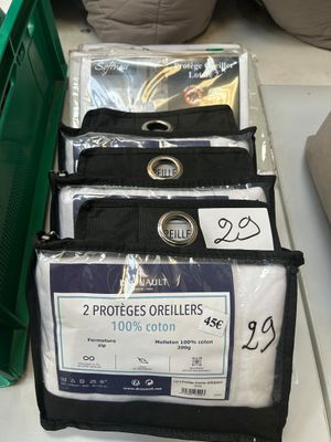 several bags of clothing are on a table in a store