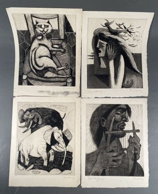 four black and white drawings of people and animals on a table