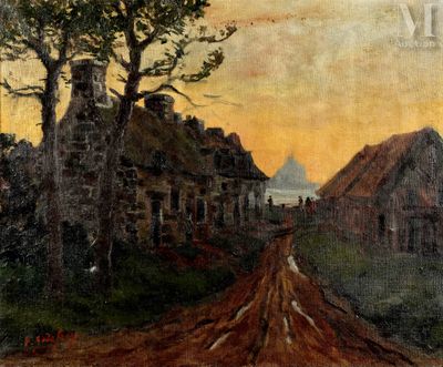 F. GODEFROY (XIX-XXème) Village devant le Mont Saint Michel