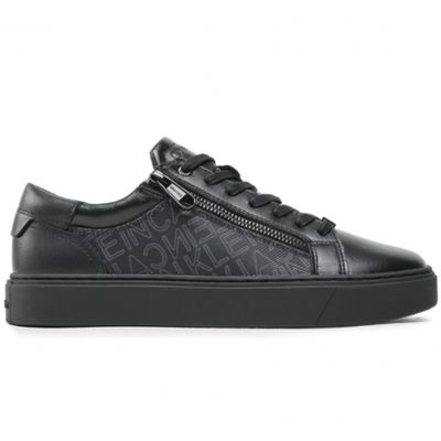 a black leather sneak with a logo print on the side