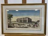 a painting of a large building on a wooden easel with a white background