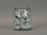 a glass jar filled with lots of small white elephants