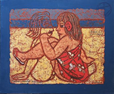 un tableau représentant une femme assise sur la plage avec un téléphone portable