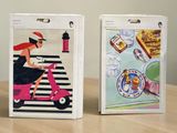 two boxes that have pictures of a woman on a scooter