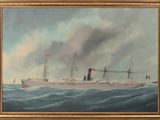 une peinture à l'huile représentant un navire en mer d'où s'échappe de la fumée