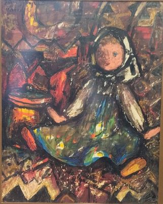 an oil painting of a little girl in a blue dress sitting on a chair