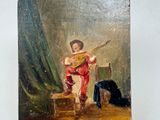 an old painting of a man playing a guitar in a room
