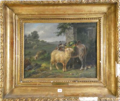 une photo d'un tableau représentant un cheval et des moutons dans un champ