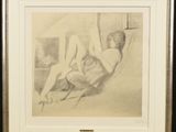 a drawing of a nude woman laying on a bed in front of a window