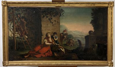 painting of a man and a woman sitting on a bench with a dog in front of them