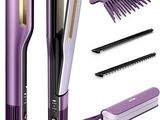 a purple hair dryer, comb, and other items on a white background