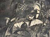 un dessin représentant un homme dans une voiture, portant un casque et des lunettes de protection