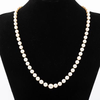 un collier de perles blanches autour du cou d'un mannequin, muni d'un fermoir en or