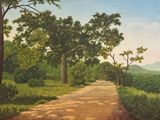 an oil painting of a dirt road with trees on both sides