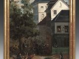 an oil painting of a village scene with a horse drawn carriage