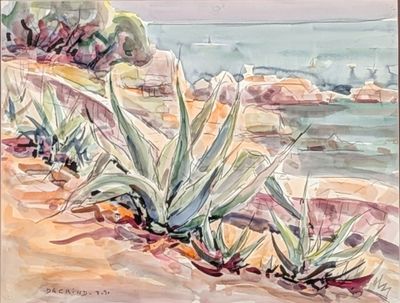 a watercolor painting of a beach scene with a boat in the distance