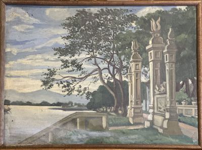 une peinture accrochée au mur d'un immeuble au bord de l'eau