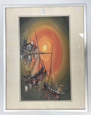 tableau représentant un bateau dans un port, avec un soleil couchant en arrière-plan