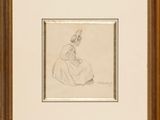 a drawing of a woman in a dress sitting on the ground