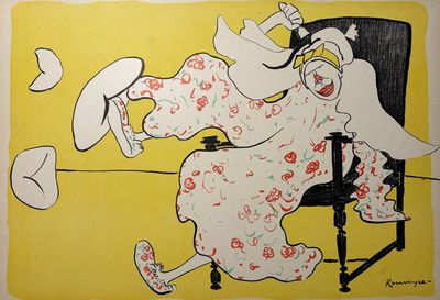 tableau représentant une femme assise sur une chaise, coiffée d'un chapeau