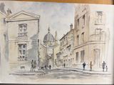 a painting of a street scene with people walking on it
