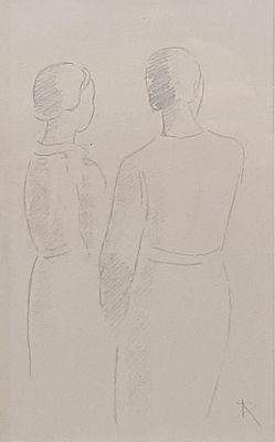 drawing of two people standing next to each other in front of a white background