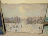 a painting of people skating on the ice in front of a painting