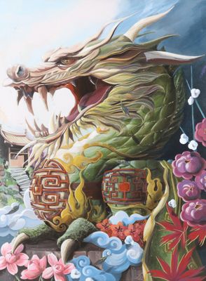 a painting of a dragon sitting on a wall