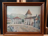 a picture of a painting of a town with a clock tower
