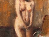 une peinture à l'huile représentant une femme nue debout à côté d'un vase