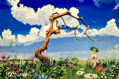 un tableau représentant une personne dans un champ de fleurs