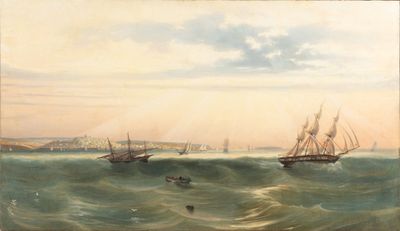 an image of a painting of a group of ships in a body of water