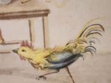 a painting of a chicken that is standing in front of a table