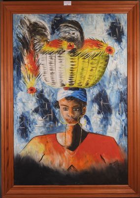 tableau représentant une femme portant un panier de poulets sur la tête