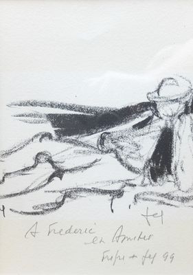 drawing of a man and a woman sitting on a beach with a surfboard