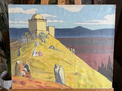 a painting of a group of people standing on a hill