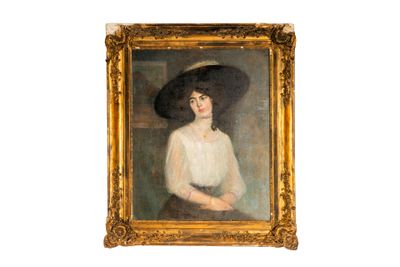 tableau représentant une femme coiffée d'un grand chapeau et vêtue d'une robe blanche